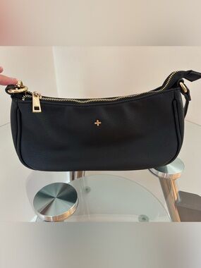 Women's Black Leather Shoulder Bag with Gold Trim